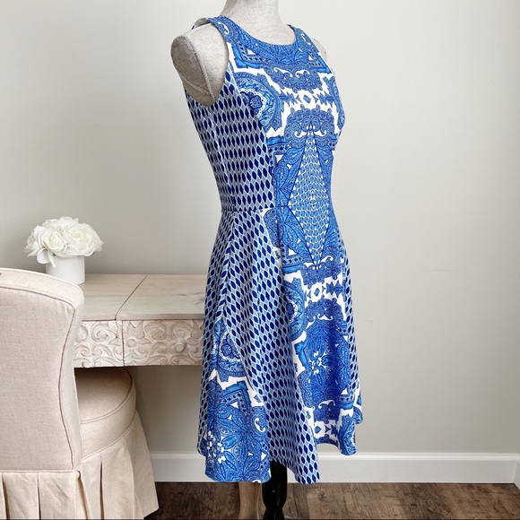Daniel Cremieux Sleeveless Fit and Flare Dress | Blue and White Print | 4 - Picture 4 of 13